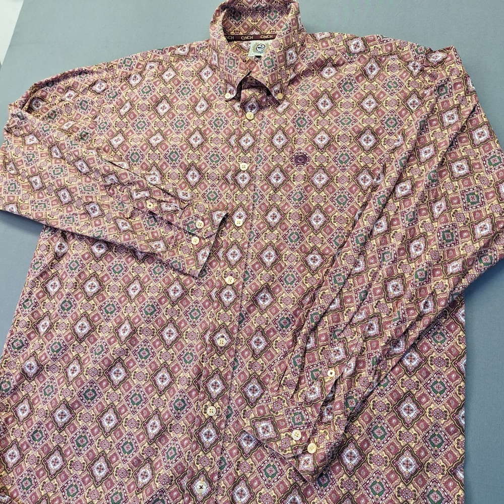 Cinch Mens Medallion Print Western Button Down Shirt Burgundy Green Gold Medium